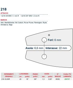 Barra motosega  45 cm – 18″ passo 3/8″ Spessore 1.3 mm – .050″ attacco 218 / 318 – 450707