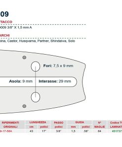 Barra motosega 43 cm – 17″ passo 3/8″ Spessore 1.5 mm – .058″ attacco 009 – 451737