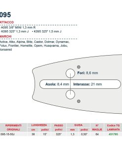 Barra motosega 38 cm – 15″ passo .325″ Spessore 1.3 mm – .050″ attacco 095 – 451795