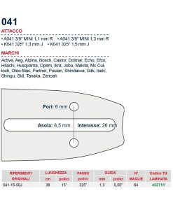 Barra motosega 38 cm – 15″ passo .325″ Spessore 1.3 mm – .050″ attacco 041 – 452710